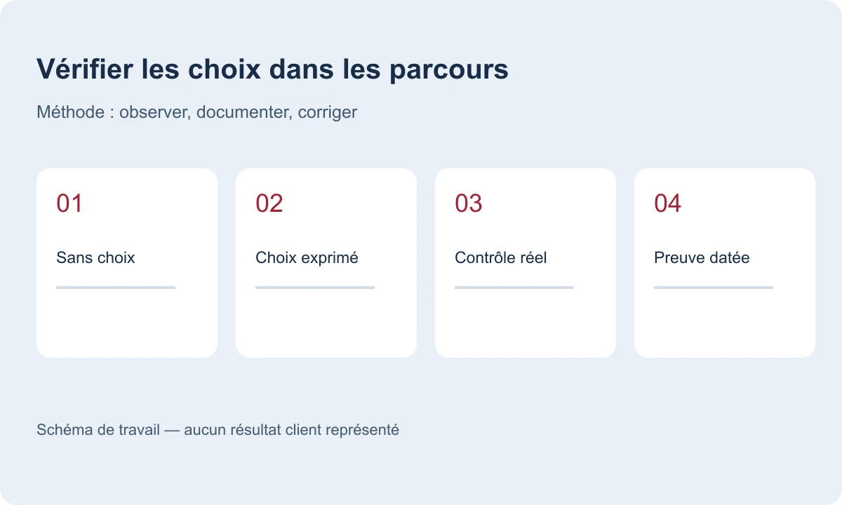 Schéma de vérification : état initial, choix, contrôle et preuve.