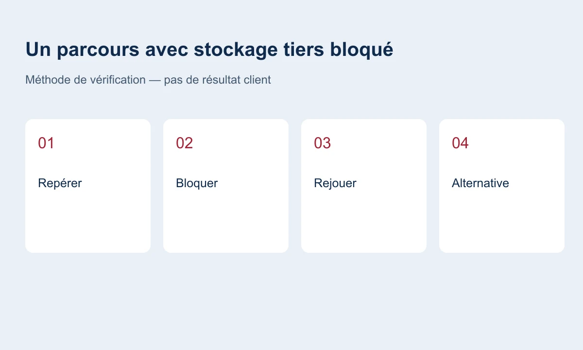 Schéma : repérer une dépendance, bloquer le stockage, rejouer et proposer une alternative.