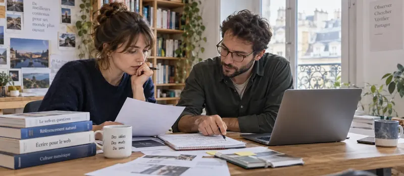 Deux professionnels vérifient les sources et la structure d’un contenu Web