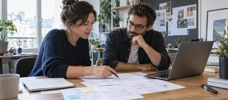 Deux designers examinent des maquettes et des parcours accessibles