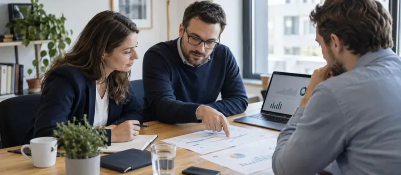 Une équipe examine un calendrier et les résultats d’un projet Web