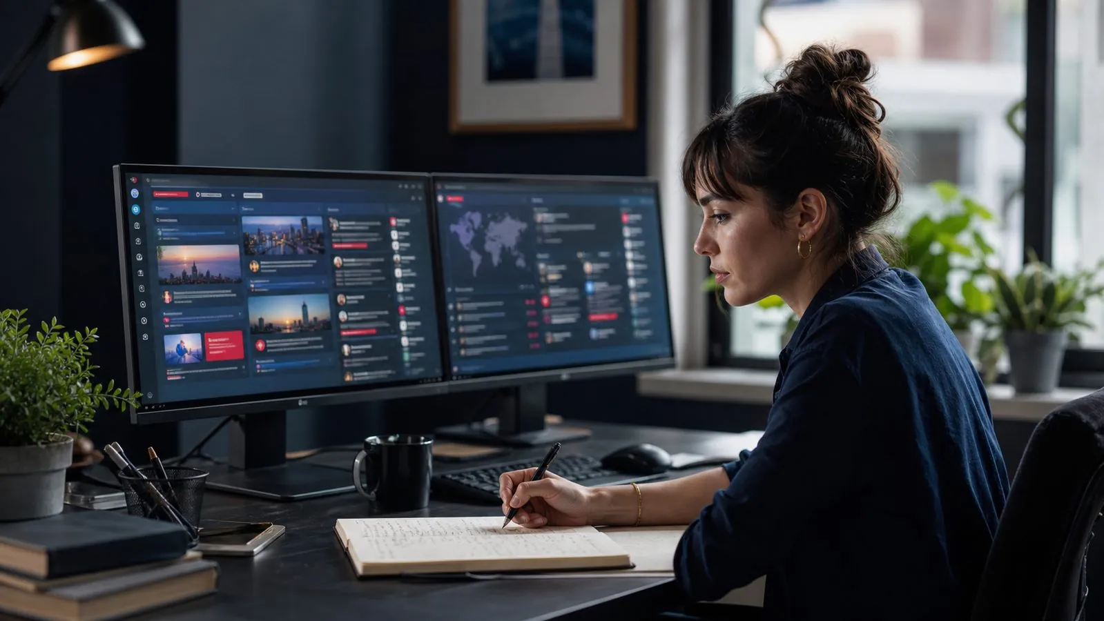 Two people at a multimedia content screen