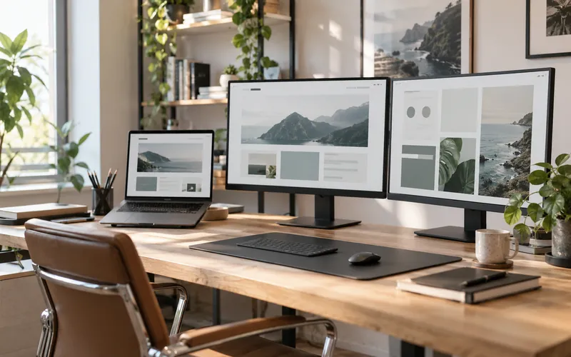 Laptop und Bildschirme in einem Arbeitsbereich