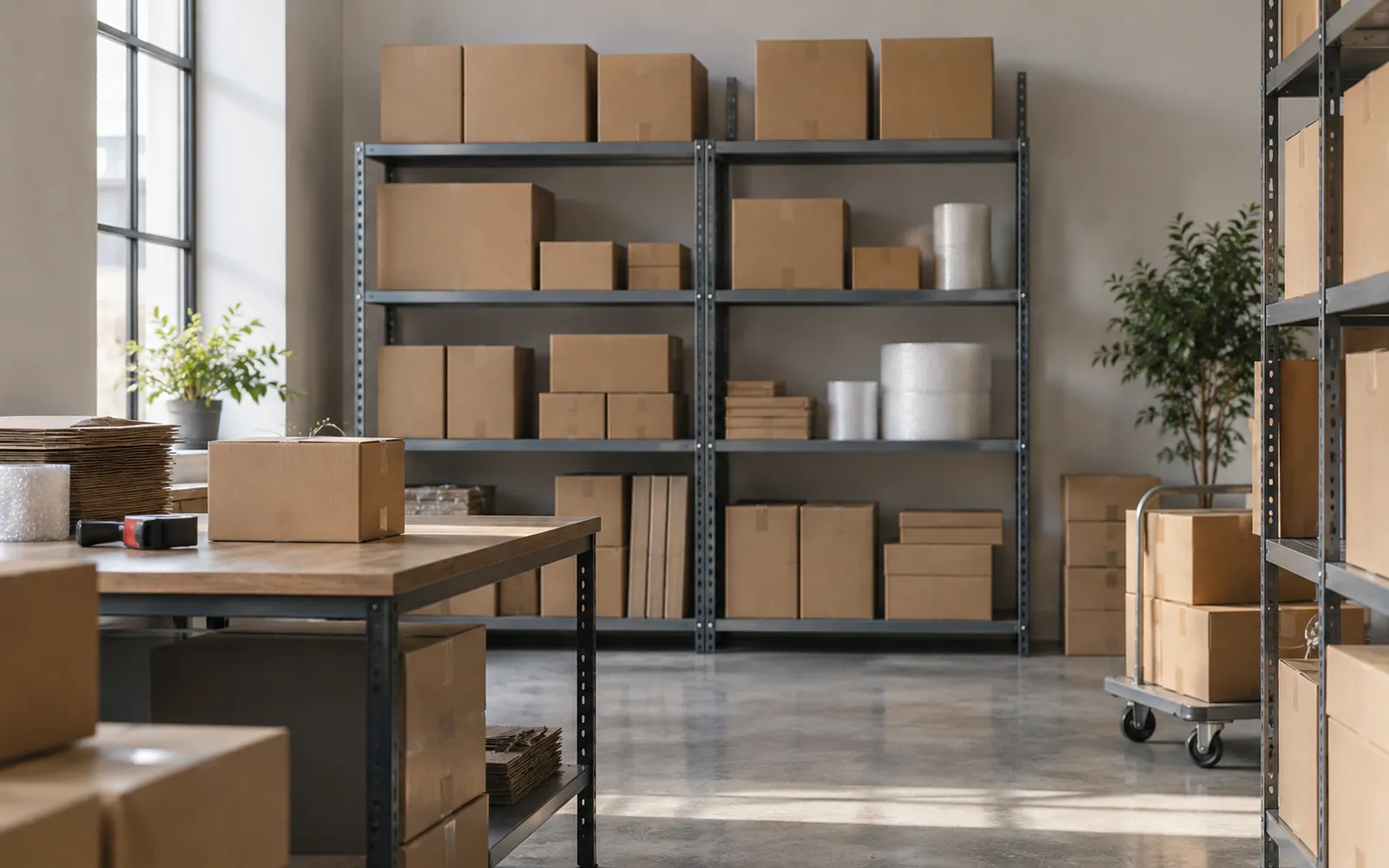 Metallregale und Boxen in einem Lagerhaus