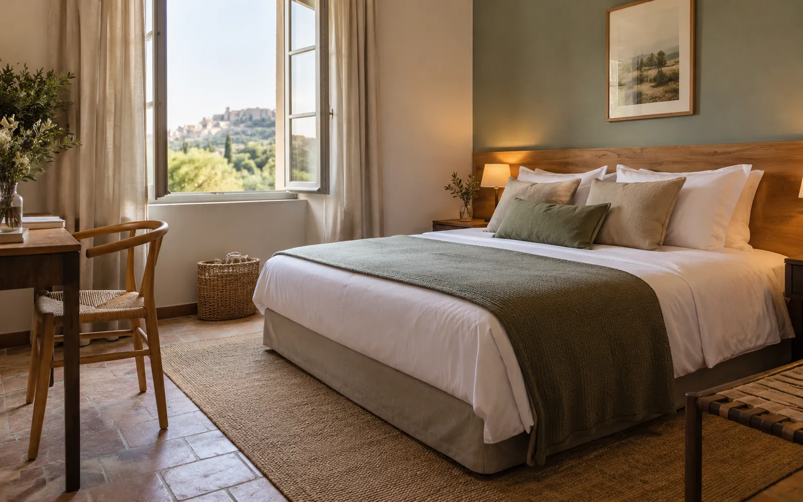 Cama y muebles preparados en una habitación de hotel