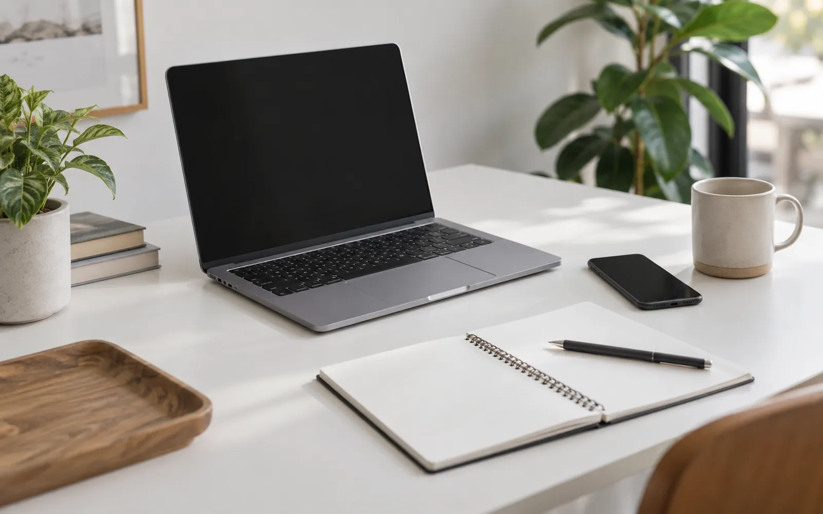 Ordinateur portable, téléphone et carnet ouverts sur une table blanche
