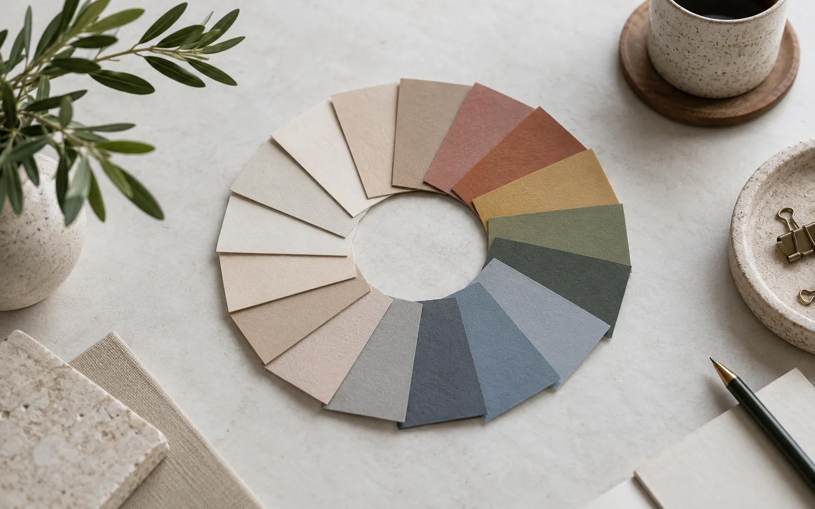 Cartes de couleurs disposées en cercle sur un fond clair