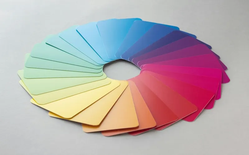 Cartes de couleurs disposées en cercle sur un fond clair