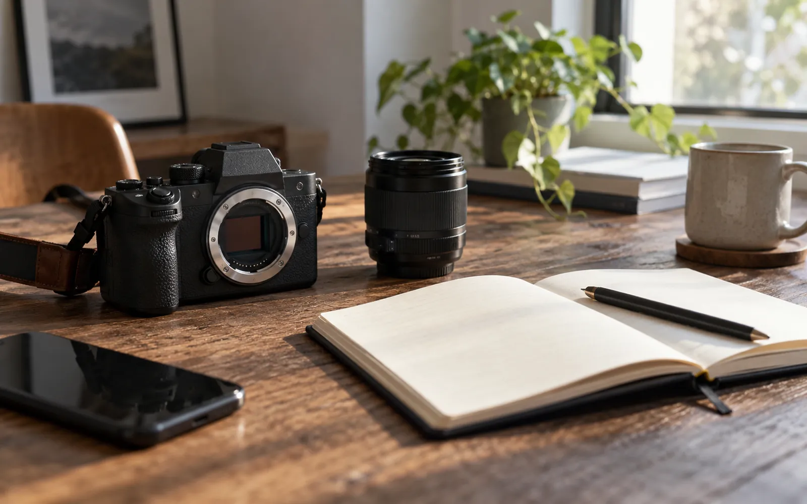 Camera, lens and notebook on a wooden table