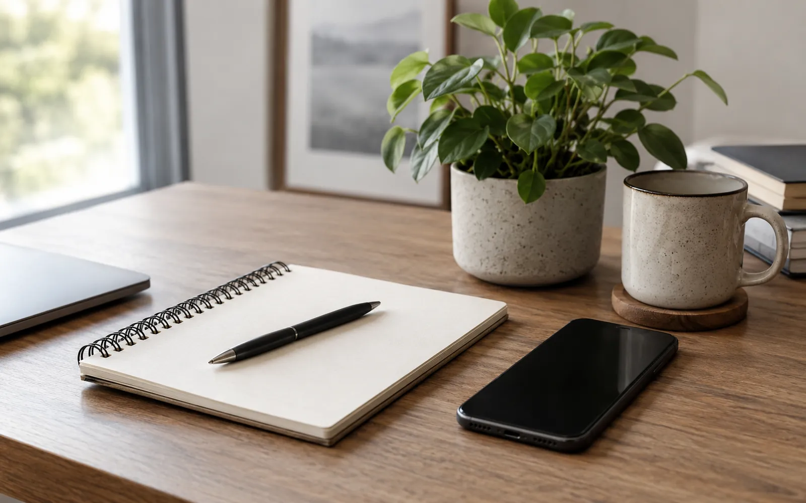 Carnet à spirale et téléphone devant une plante en pot