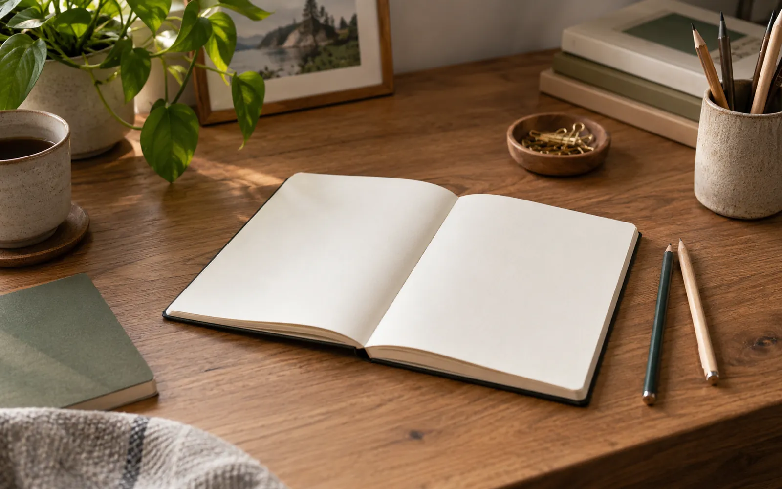 Carnet ouvert et crayons sur un bureau en bois