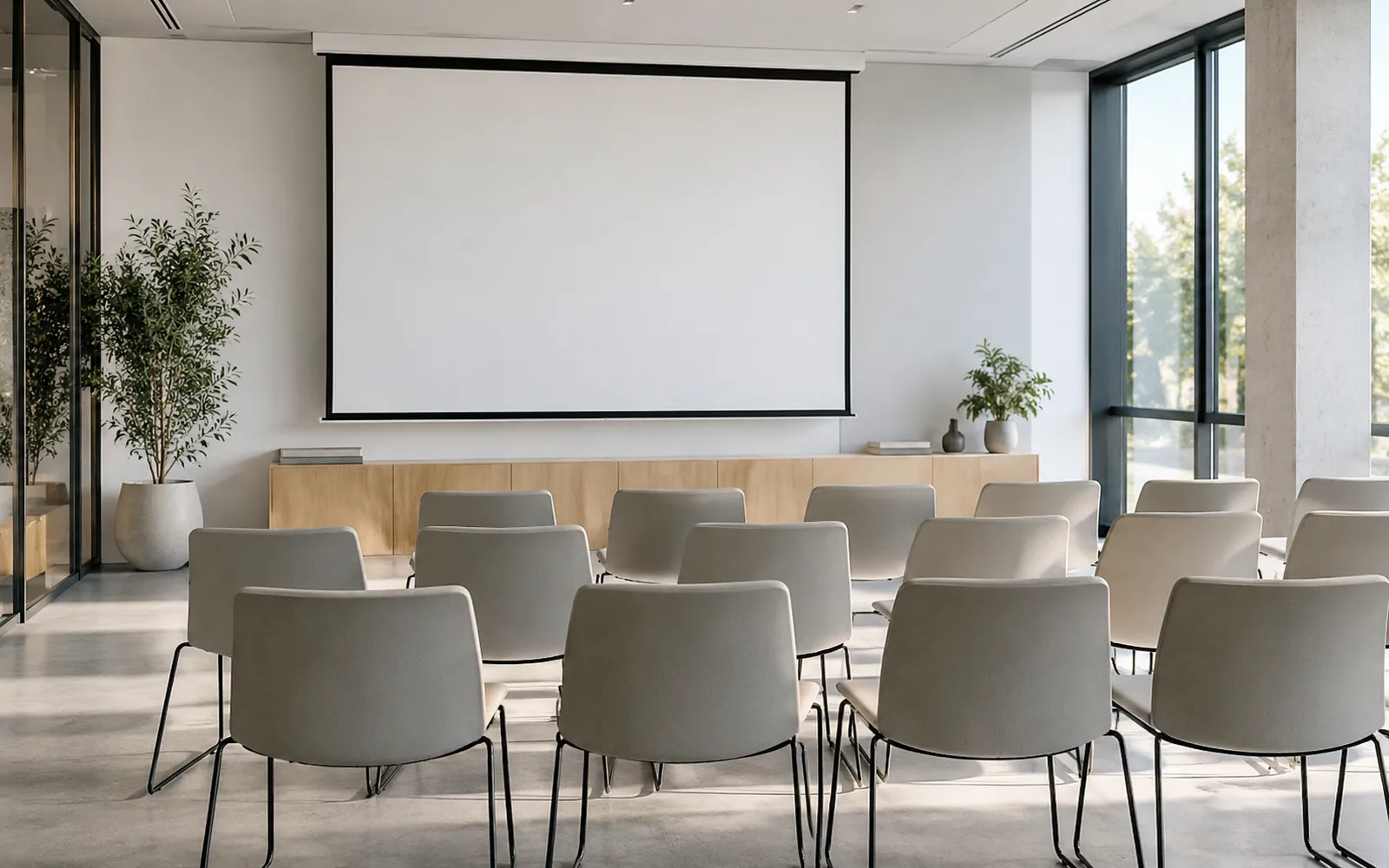 Stühle und Bildschirm in einem leeren Besprechungsraum