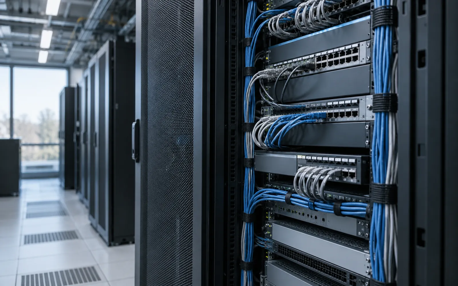 Baie de serveurs et câbles dans une salle informatique