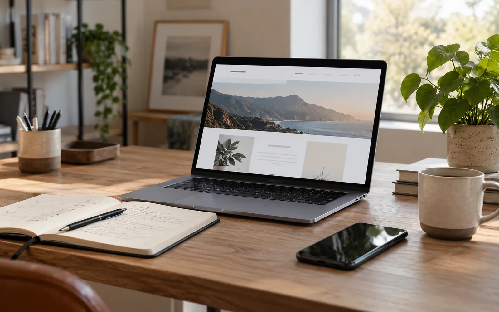 Ordinateur portable, carnet, téléphone et tasse sur un bureau
