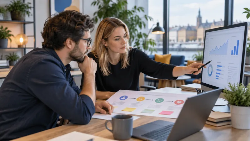 Illustration: a team reviewing analytics and a customer journey for a conversion-focused audit