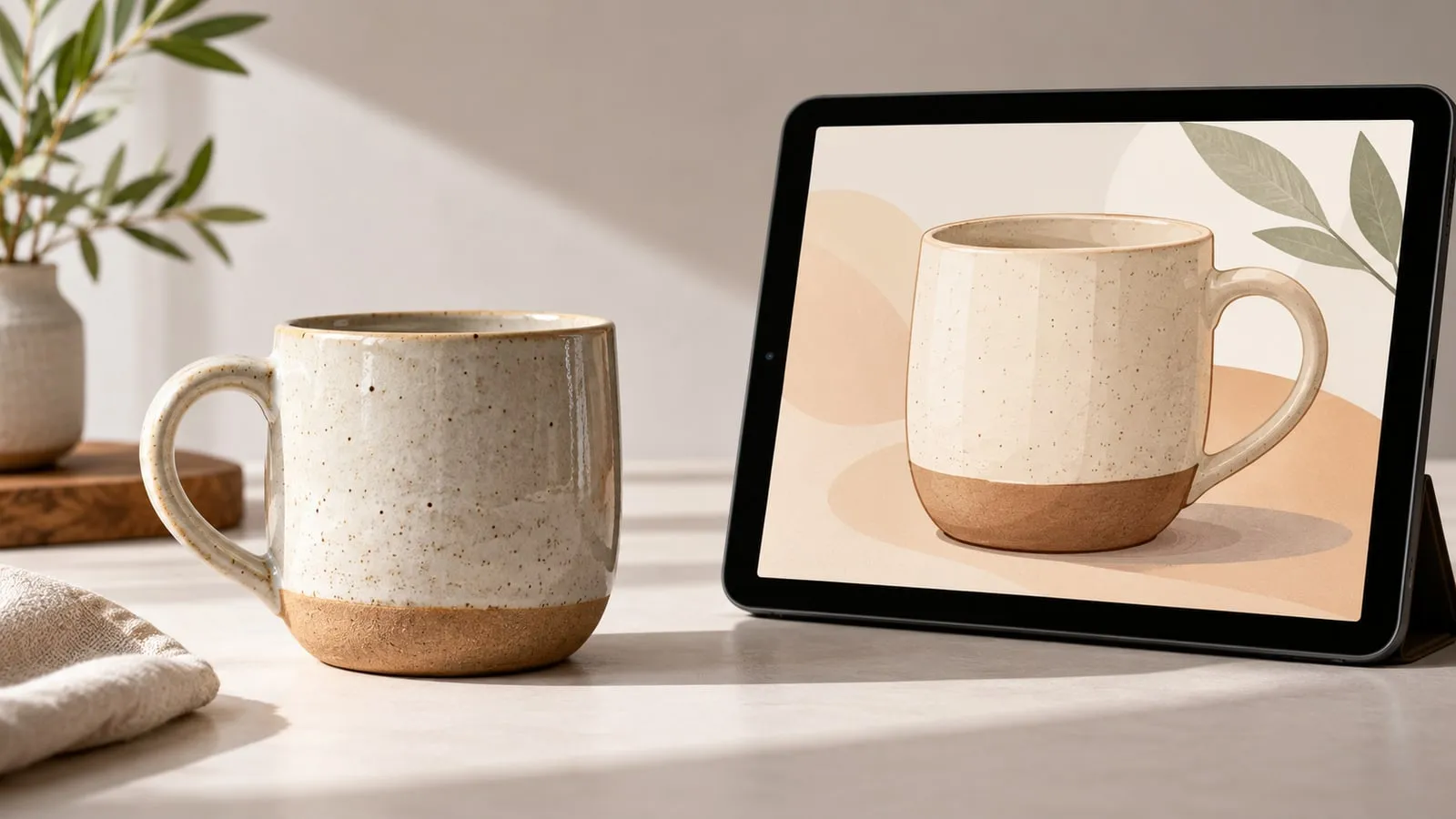 AI illustration: comparing an object with a stylised representation on a tablet.