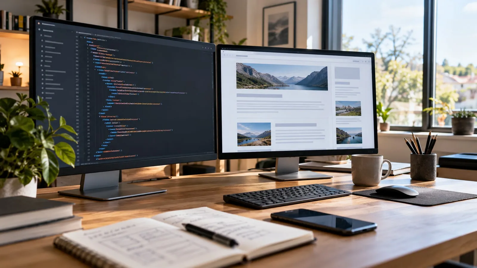 Illustration IA : comparaison du code initial et de la page affichée.
