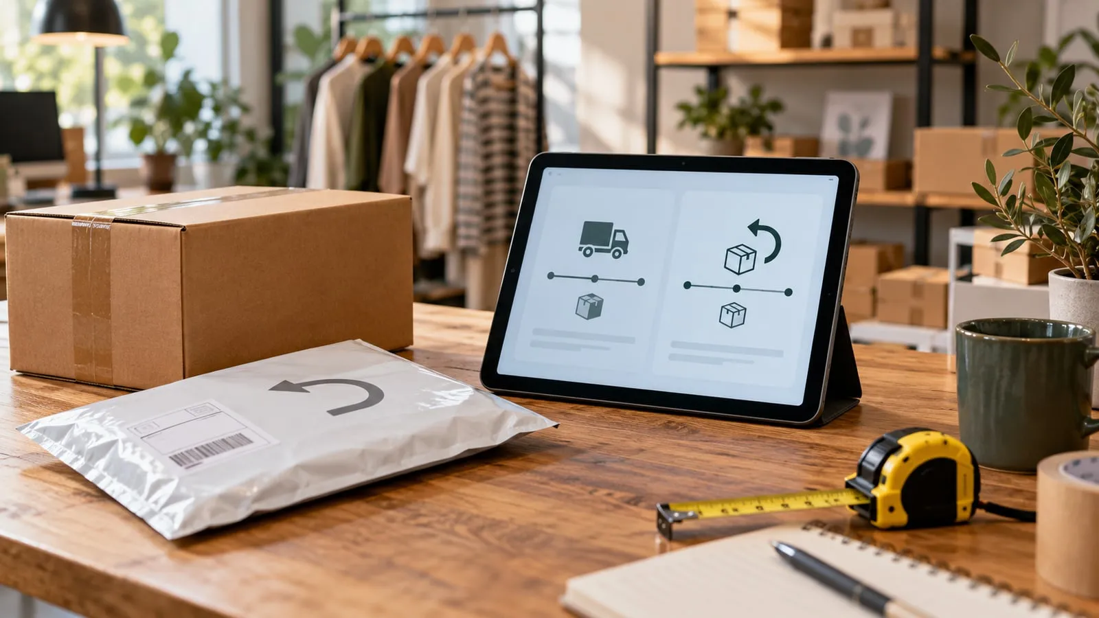 AI illustration: packing parcels and checking shipping information.
