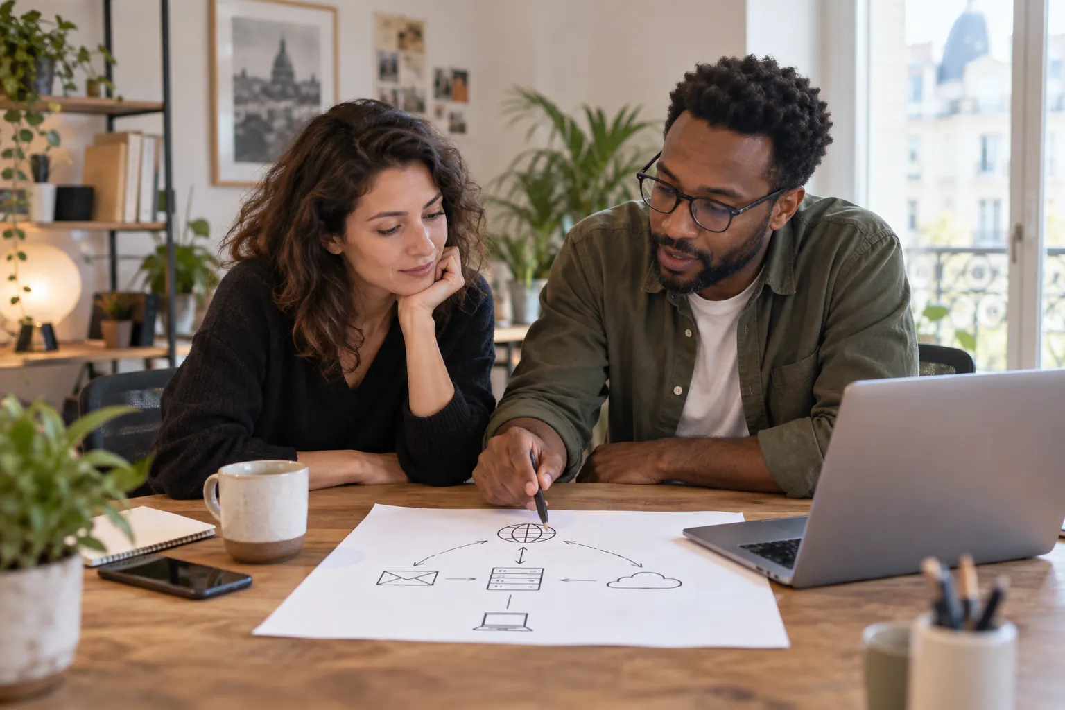 Professionnel examinant les éléments techniques nécessaires au fonctionnement d’un site