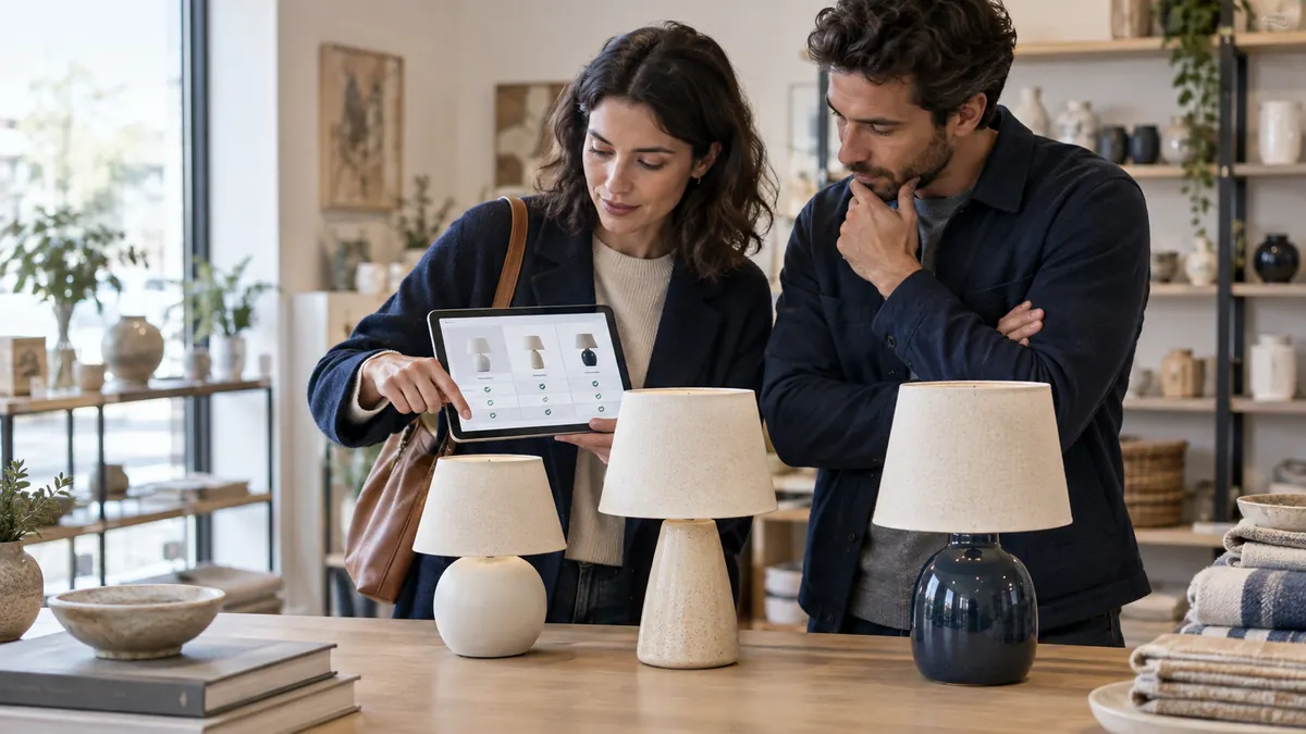 Two people comparing physical objects and their characteristics on a tablet