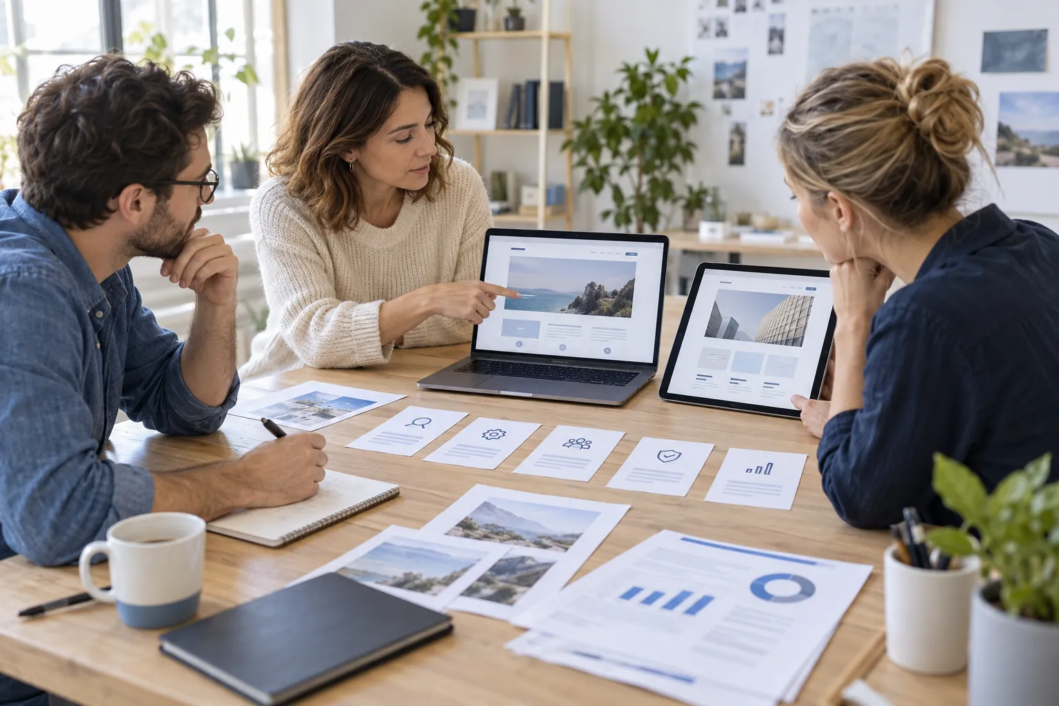 Three colleagues comparing interfaces and decision criteria around a table