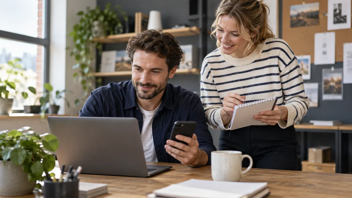 Two colleagues checking an enquiry confirmation on laptop and phone