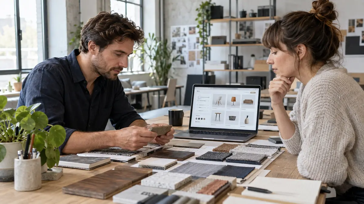 Two colleagues comparing material samples with a filtered digital catalogue
