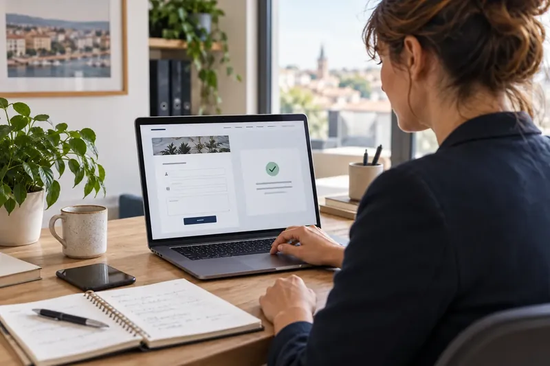 Person, die ein Kontaktformular und deren Bestätigung auf einem Laptop überprüft