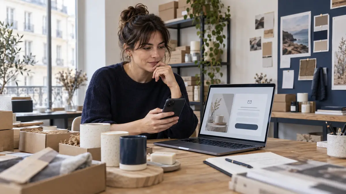 Small business owner reviewing a signup form on laptop and phone