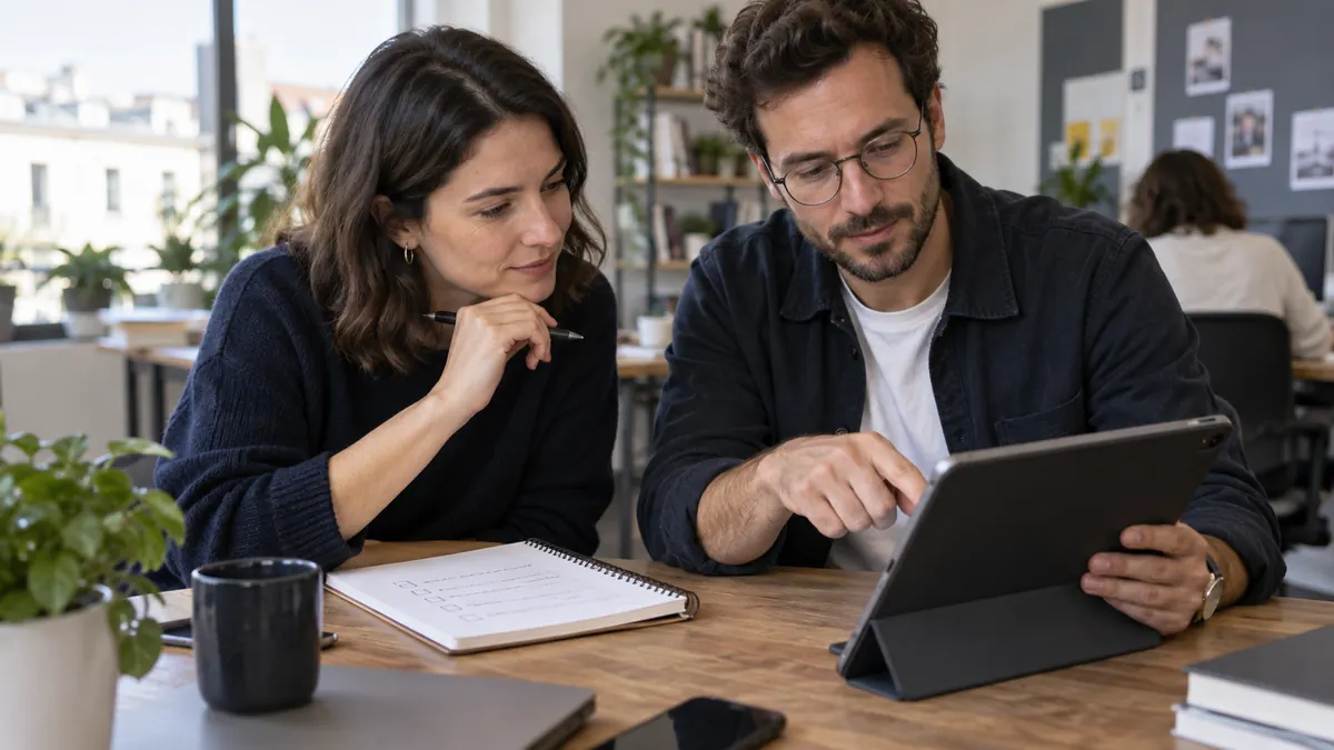 Two colleagues testing a tablet form against a checklist