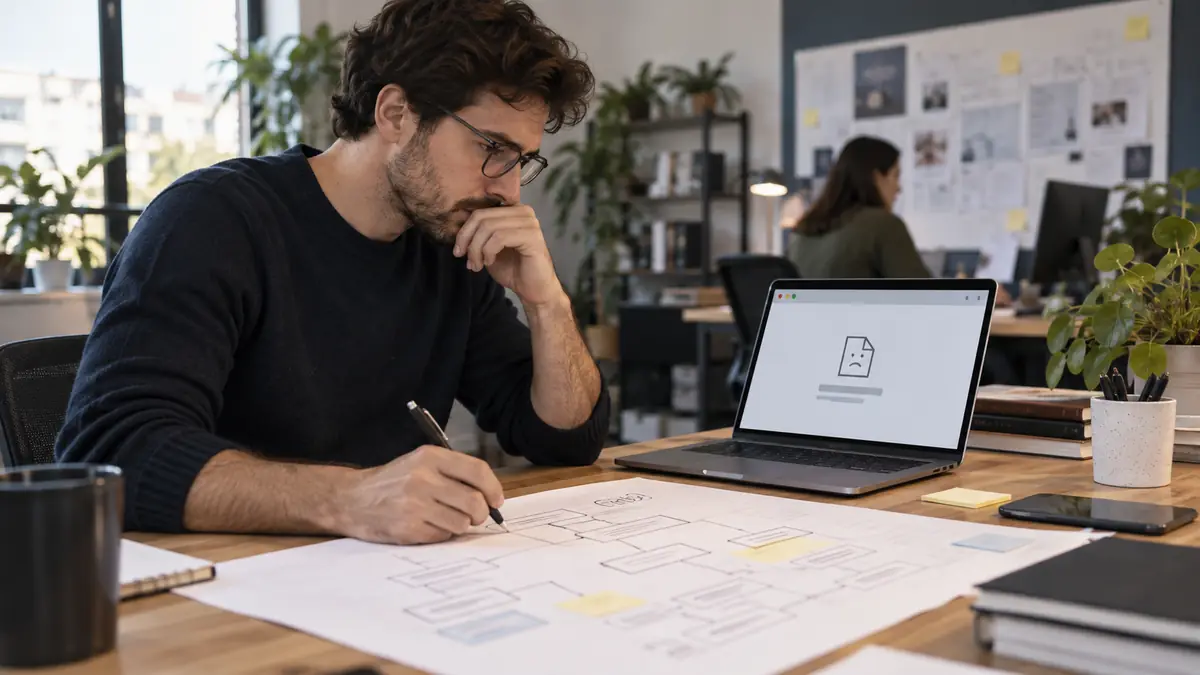 Developer inspecting a link map and a missing page on a laptop