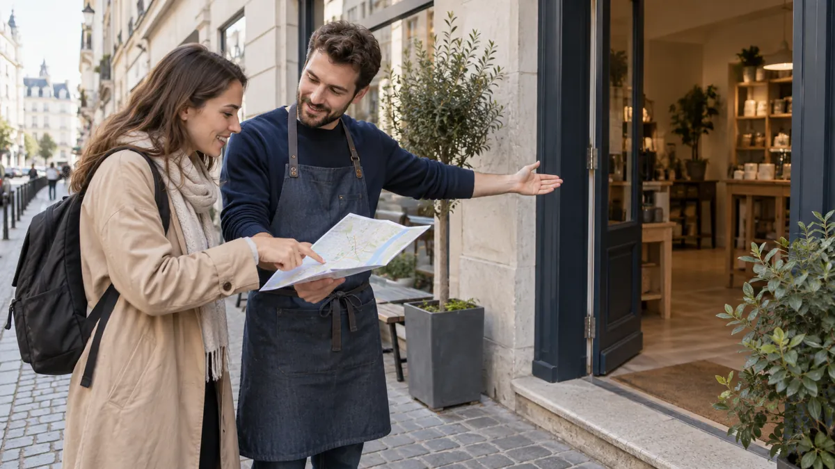 Employé indiquant l’entrée d’un commerce à une visiteuse munie d’un plan