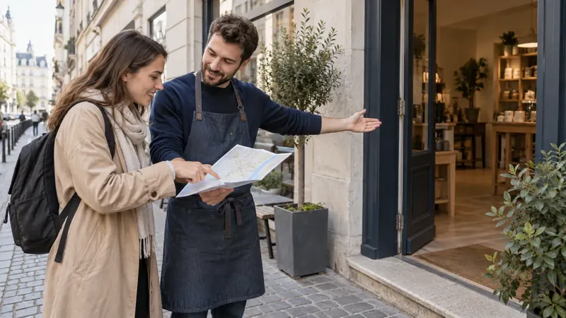 Shop-Mitarbeiter zeigt einem Besucher den Eingang mit einer Papierkarte