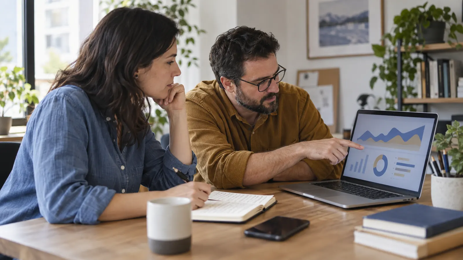 Two people reviewing traffic trends and contact enquiries