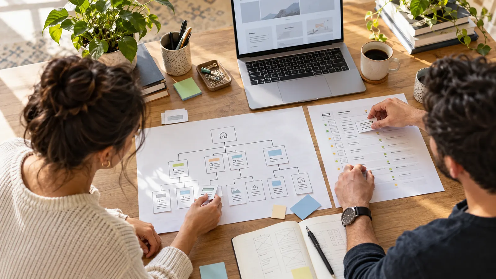 Page inventory and website migration plan arranged on a desk