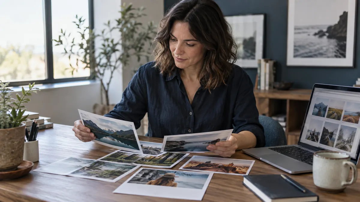 Éditrice choisissant des photographies distinctes pour les pages de son site