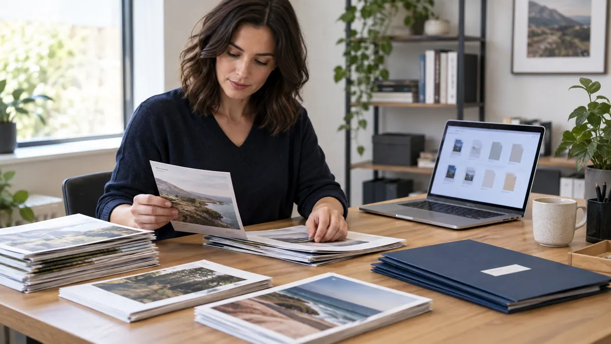 Content editor sorting printed guides alongside a digital resource library