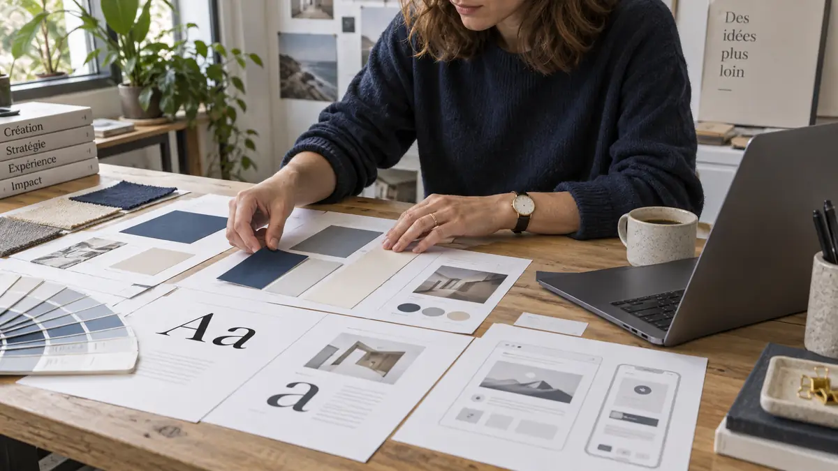 Designer arranging colours and interface components at a worktable