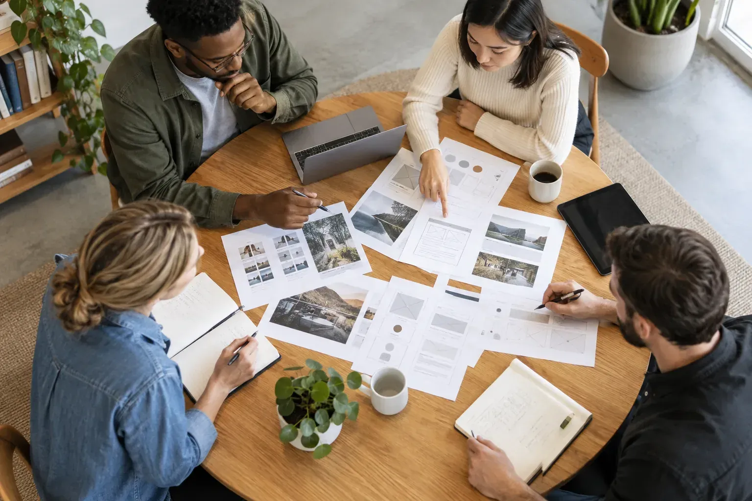 Team reviewing website structure and content documents around a table