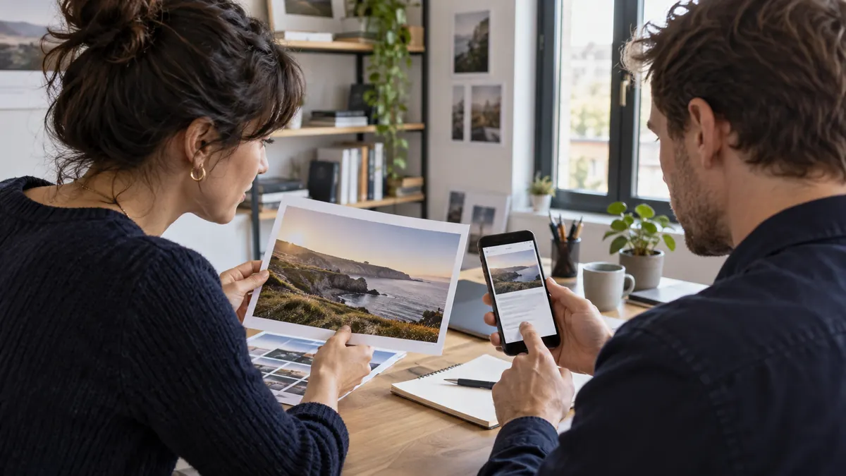 Two editors comparing a photograph with its phone sharing preview