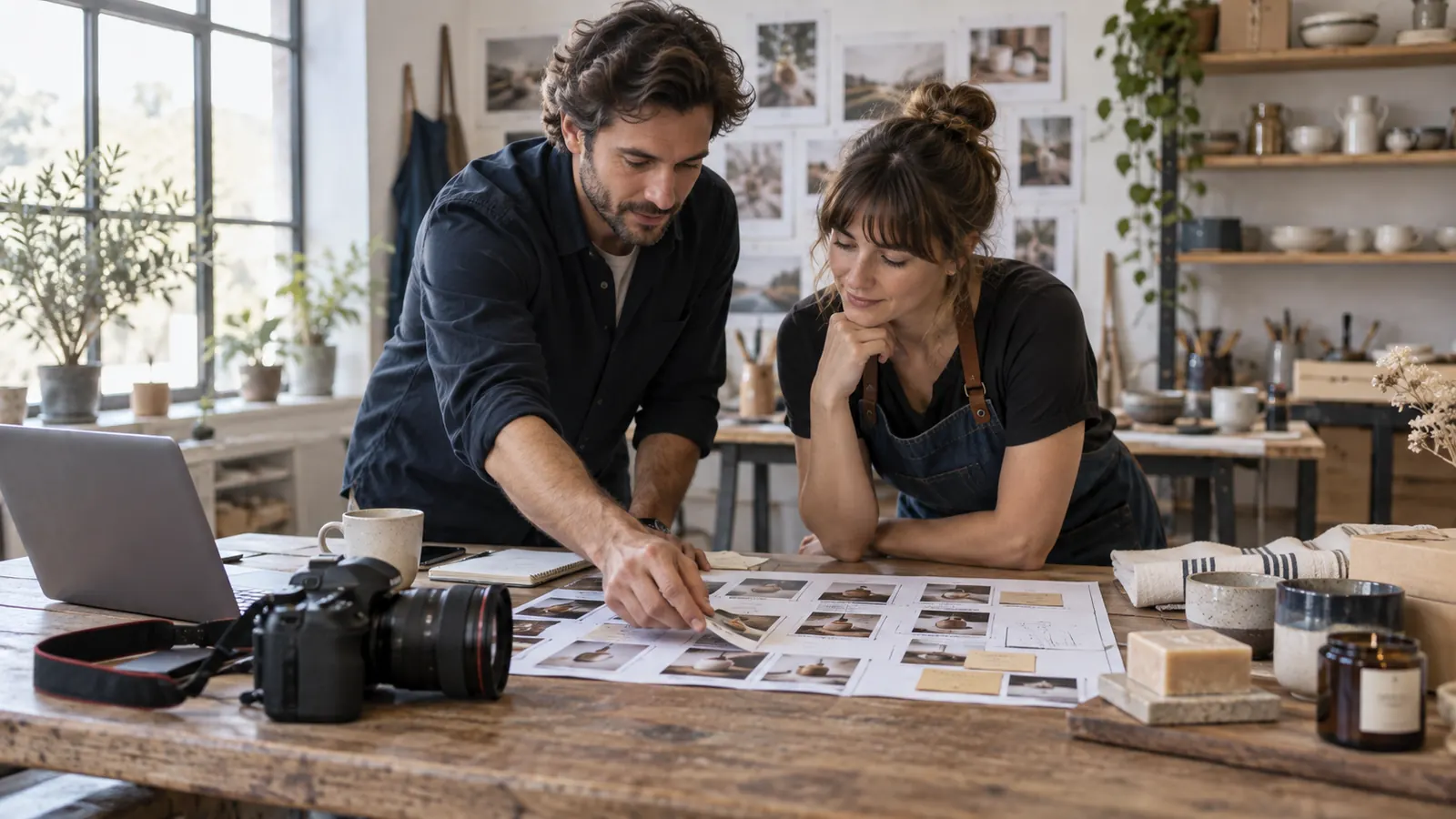 Photographer and business owner preparing shots in a bright workshop