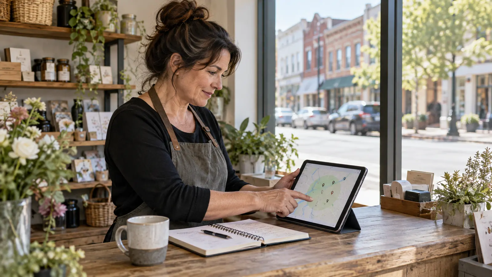 Shop owner reviewing the service area on a map