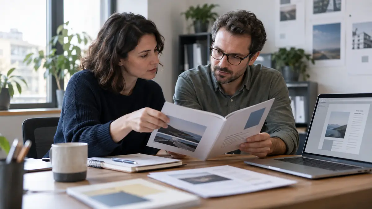 Deux personnes comparant une brochure imprimée et sa version affichée sur un ordinateur