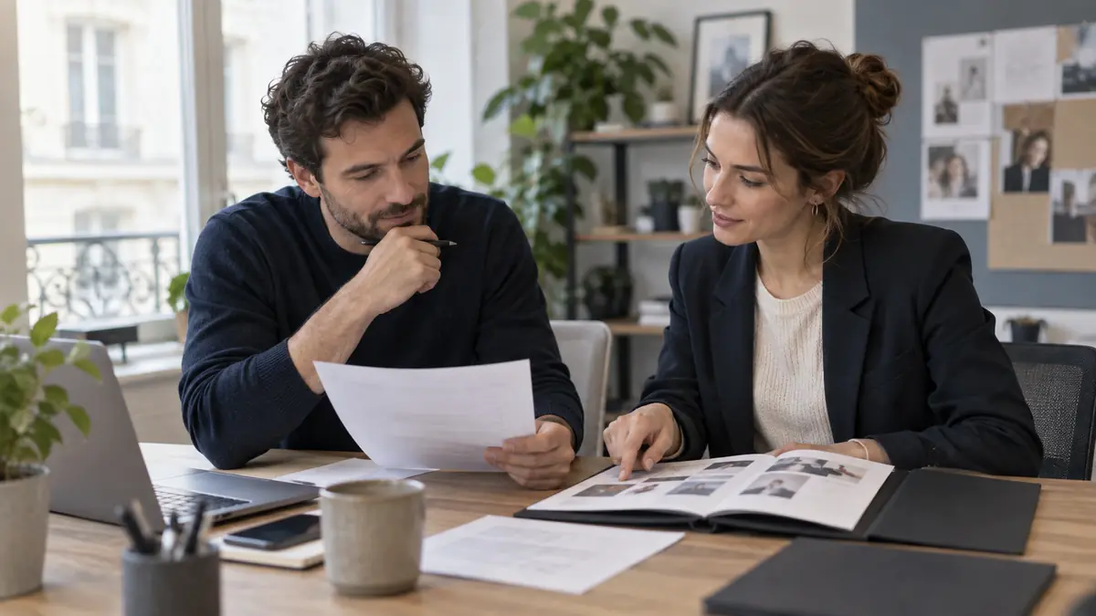 Deux personnes relisant une description de poste et un portfolio de candidature