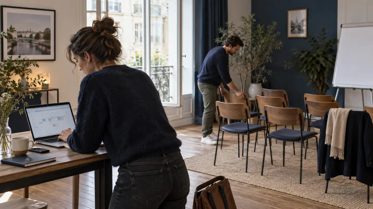 Team preparing a workshop room while checking a schedule on a computer