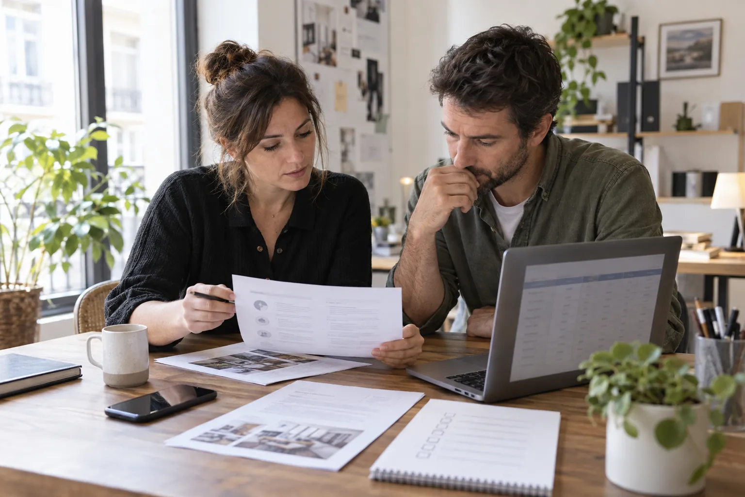 Deux personnes relisant des notes de prestations et un tableau de prix avant publication