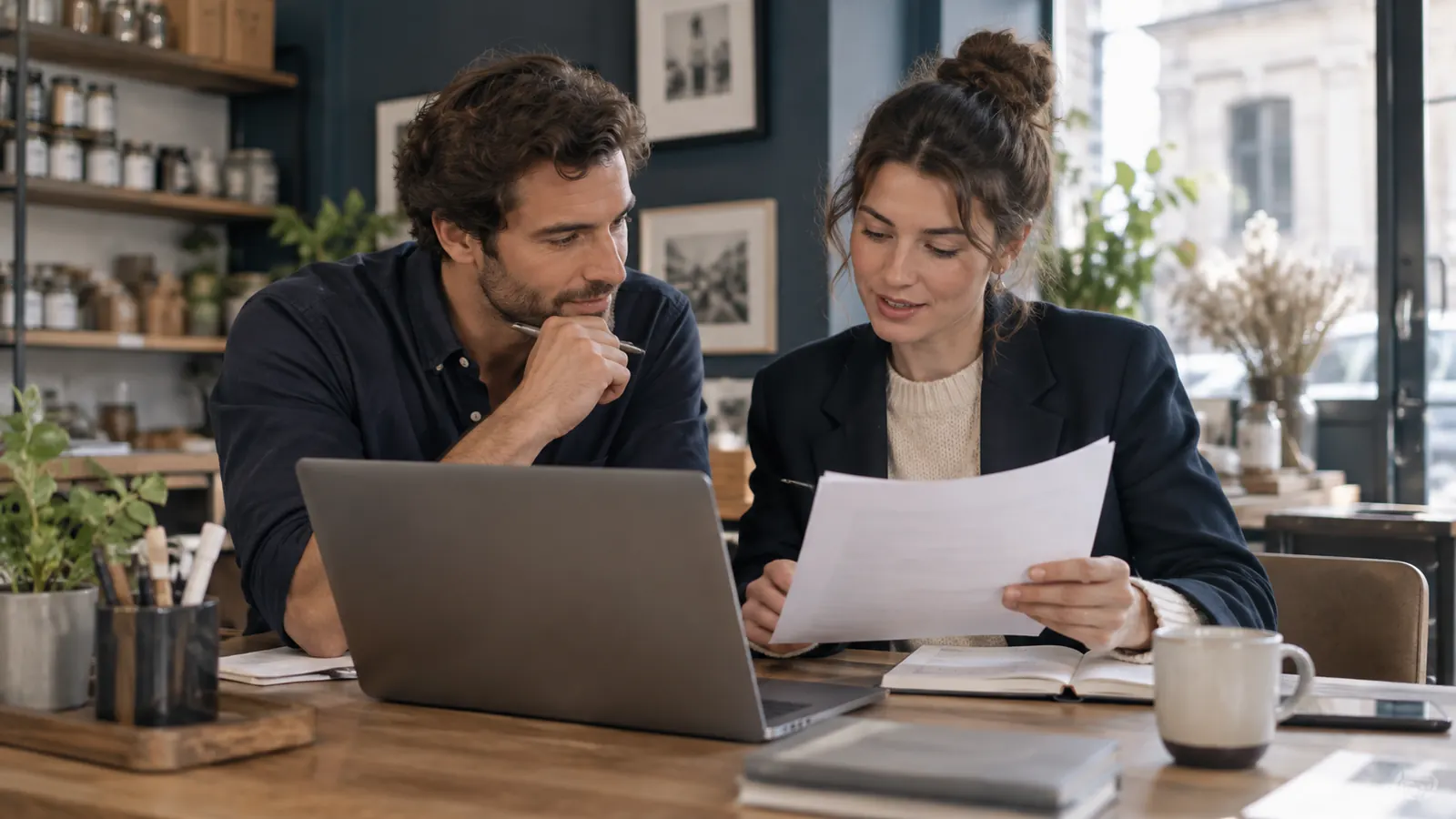 Two people reviewing customer feedback on a computer before publication