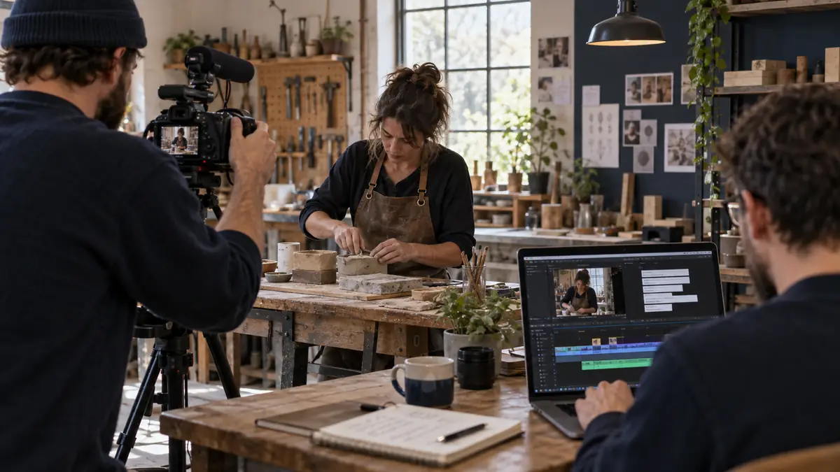 Craftsperson filmed at work while an editor checks video and captions