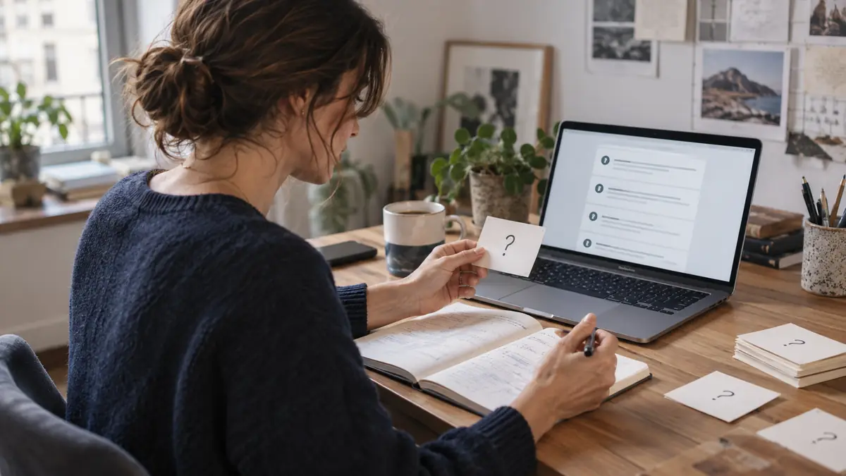 Editor comparing collected questions and draft answers at a laptop