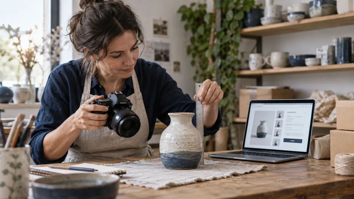 Craftsperson photographing and measuring a handmade item for its product page